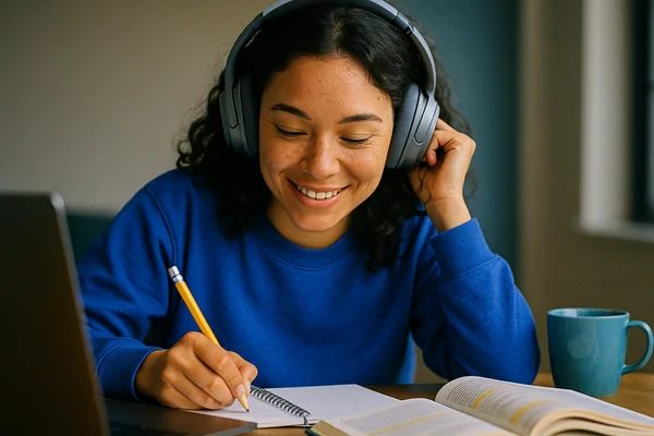 Studierende beim konzentrierten Lernen mit dringender Deadline